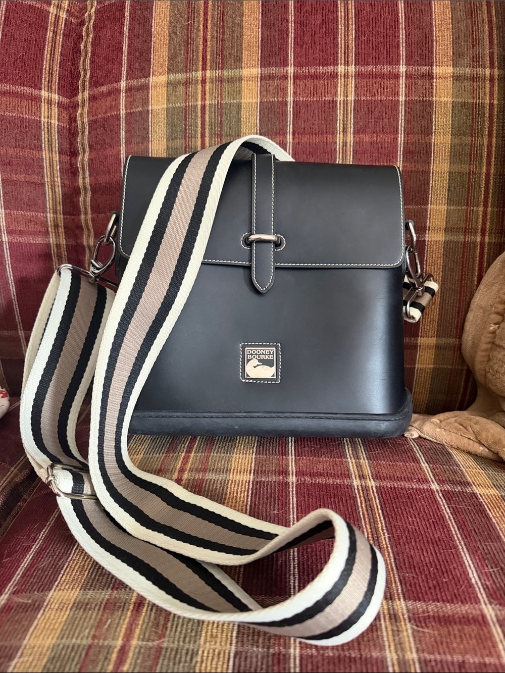 Dooney & Bourke Black Leather Crossbody Bag with Striped Adjustable Strap